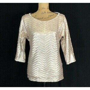White House Black Market Top SMALL Silver Bronze Sequin Chevron Bling Blouse
